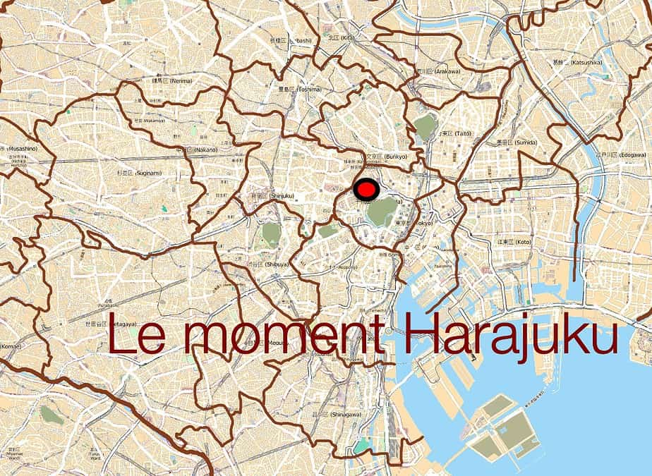 Une carte de Tokyo pointant sur le quartier d'Harajuku